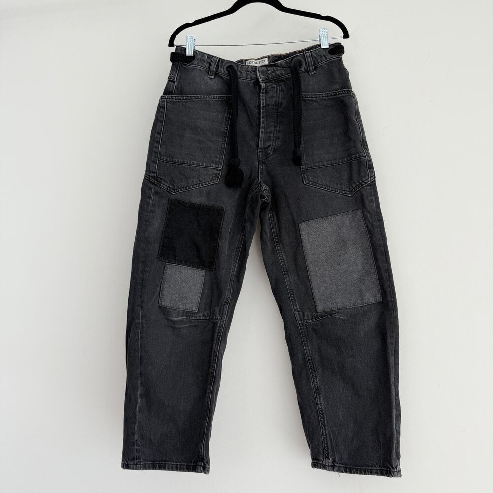 Free People Moxie Low Slung Barrel Jeans Womens 27 Black Patchwork Boho Pants